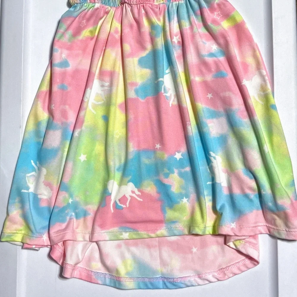 Kids Girls Size XS 4/5 Maxi Dress Set Of 2 Tie Dye Unicorn & Blue Flowers NEW